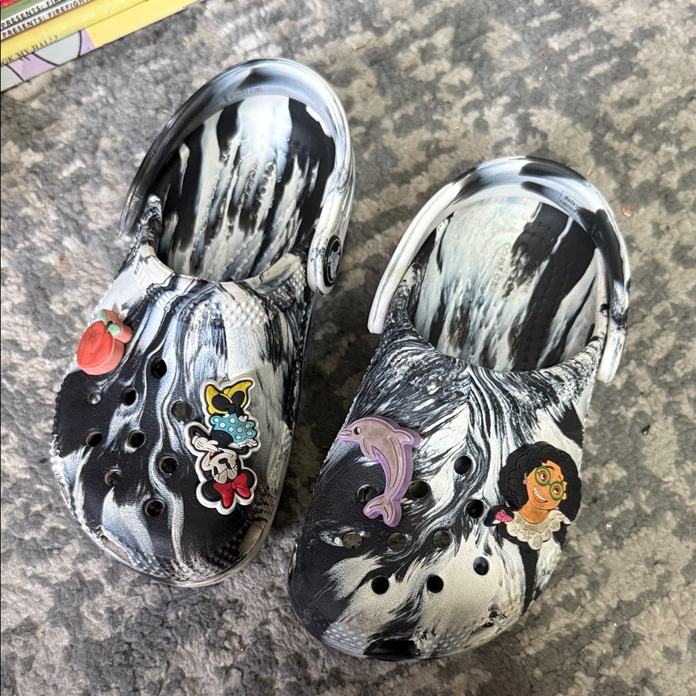 CROCS Kids Black and White Sandals with Fun Charms
